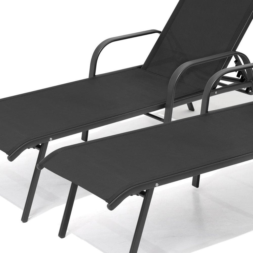 Set of Two Black Aluminum Six Position Adjustable Outdoor Chaise Lounges