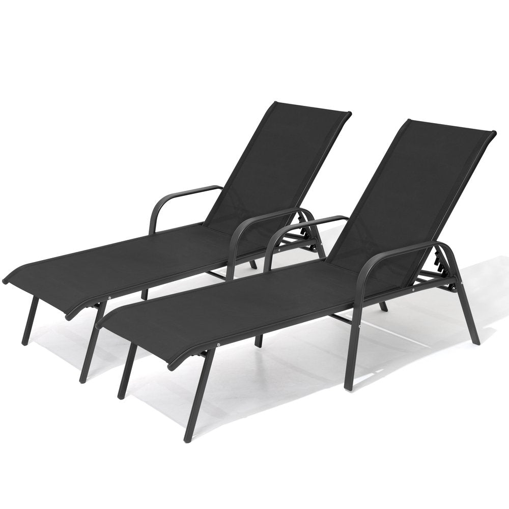 Set of Two Black Aluminum Six Position Adjustable Outdoor Chaise Lounges