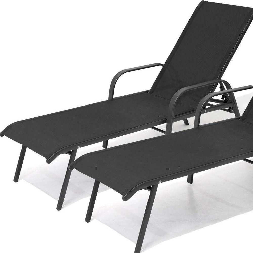 Set of Two Black Aluminum Six Position Adjustable Outdoor Chaise Lounges