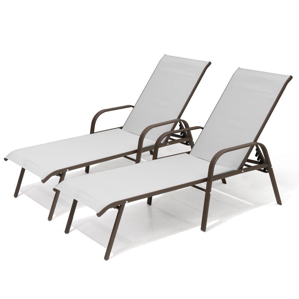 Set of Two Light Gray Aluminum Six Position Adjustable Outdoor Chaise Lounges