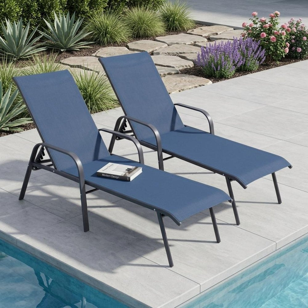 Set of Two Navy Blue Aluminum Six Position Adjustable Outdoor Chaise Lounges