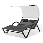 73" Black Steel Sling Outdoor Chaise Lounge With Canopy