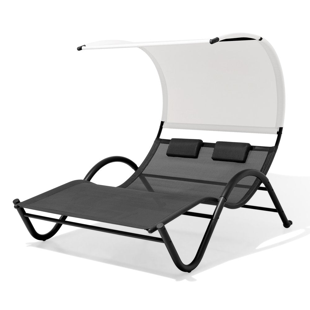 73" Black Steel Sling Outdoor Chaise Lounge With Canopy