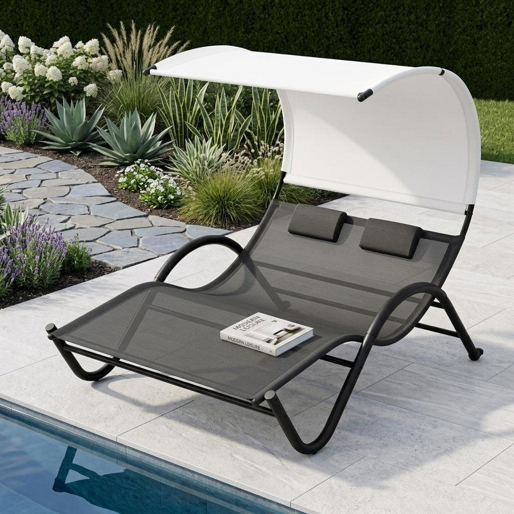 73" Black Steel Sling Outdoor Chaise Lounge With Canopy