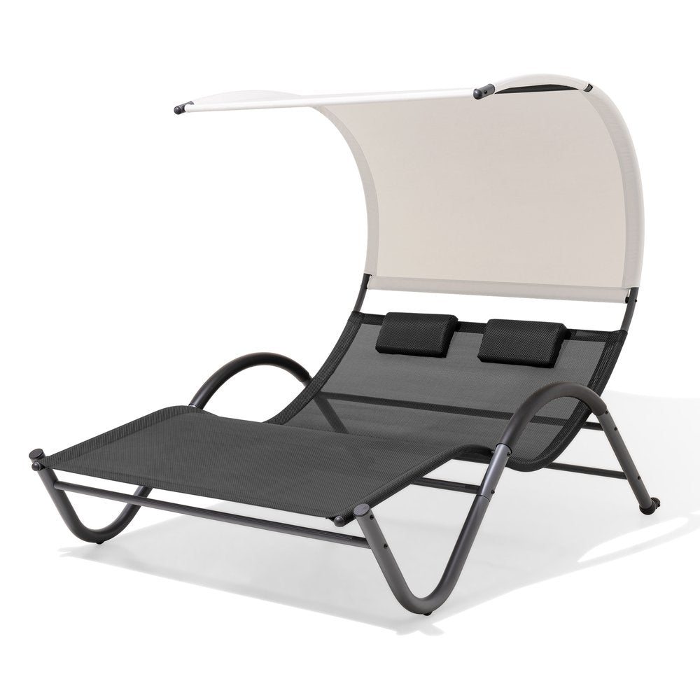 73" Gray Aluminum Sling Outdoor Chaise Lounge With Canopy