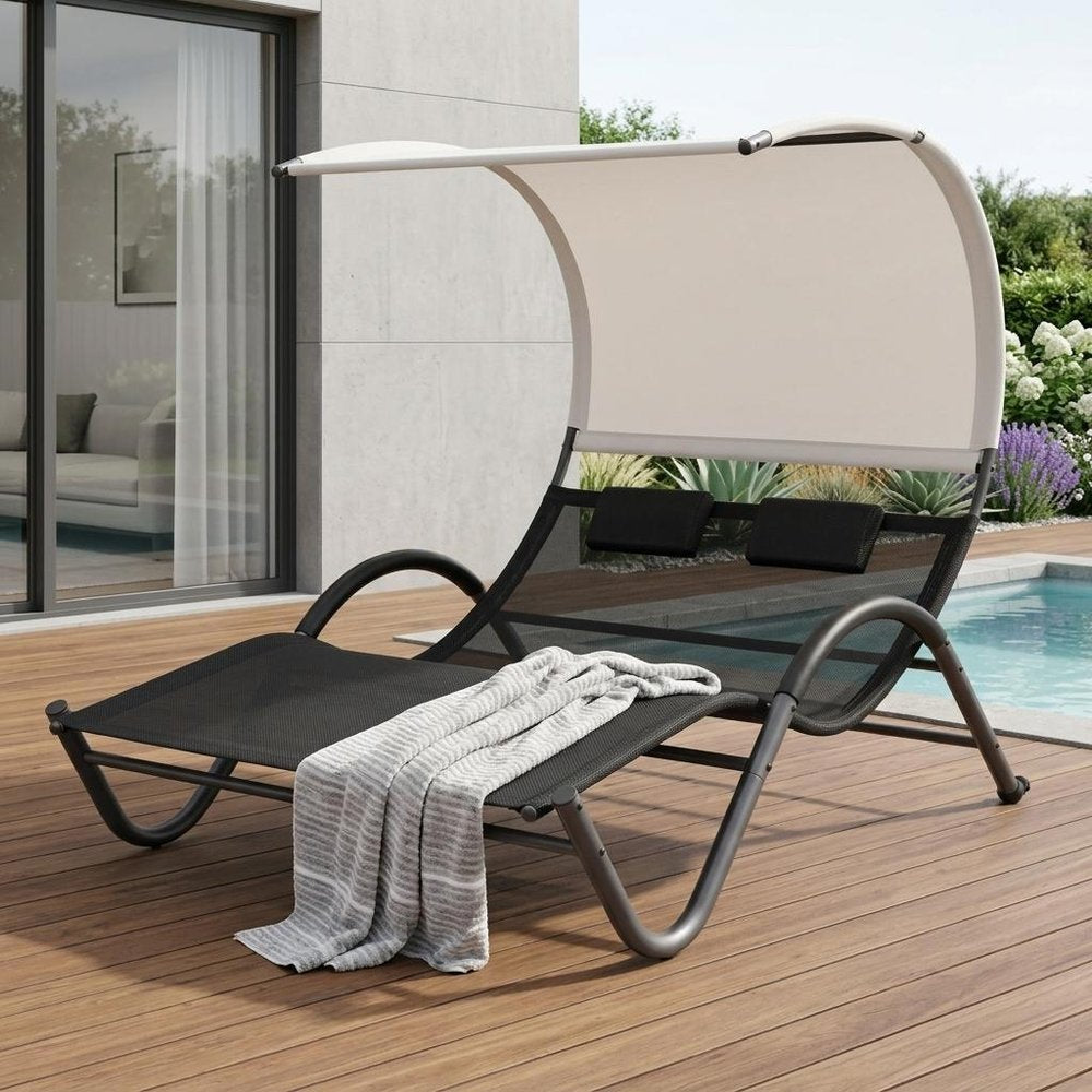73" Gray Steel Sling Outdoor Chaise Lounge With Canopy