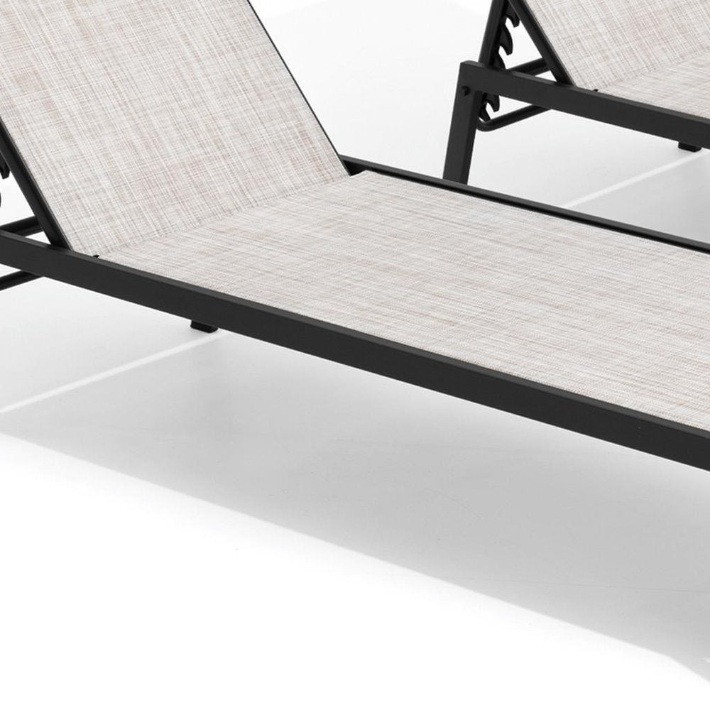 Set of Two Beige Steel Five Position Adjustable Outdoor Stacking Chaise Lounges