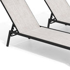Set of Two Beige Steel Five Position Adjustable Outdoor Stacking Chaise Lounges