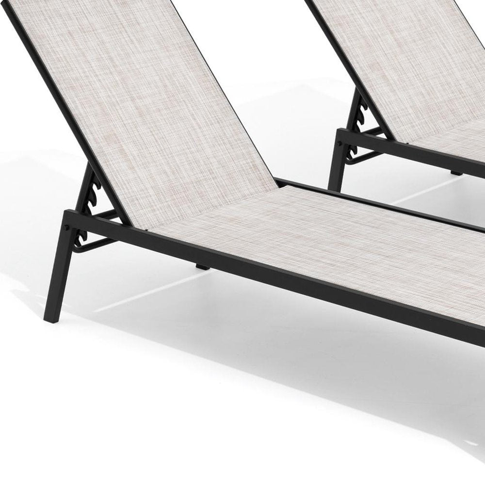 Set of Two Beige Aluminum Five Position Adjustable Outdoor Stacking Chaise Lounges