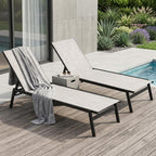 Set of Two Beige Steel Five Position Adjustable Outdoor Stacking Chaise Lounges