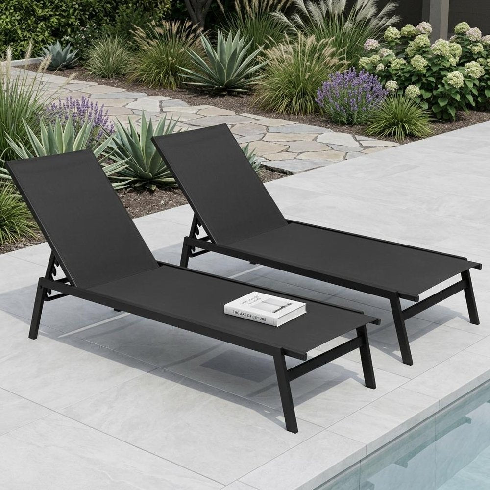 Set of Two Black Aluminum Five Position Adjustable Outdoor Stacking Chaise Lounges
