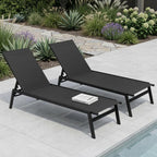 Set of Two Black Steel Five Position Adjustable Outdoor Stacking Chaise Lounges