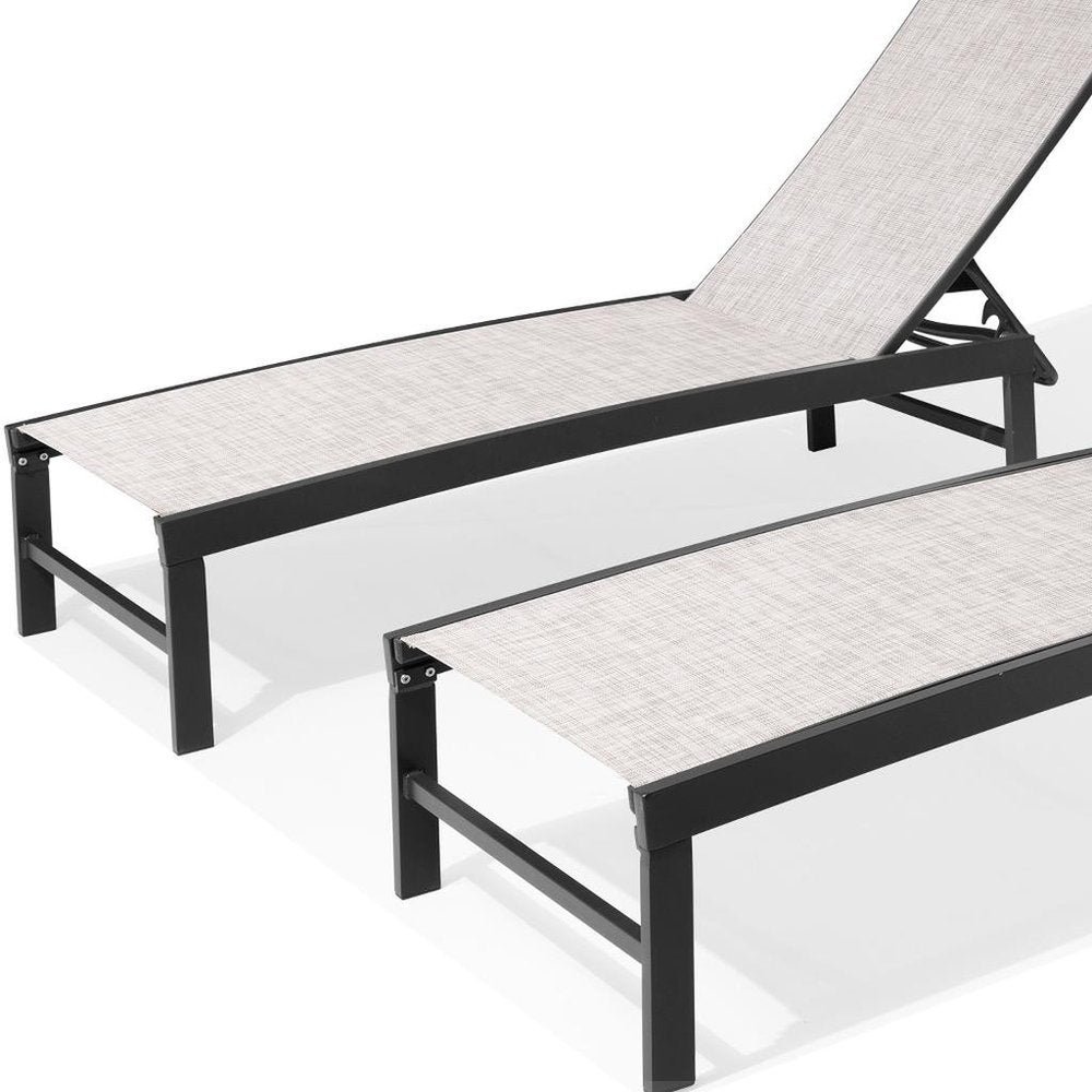 Set of Two Off White Steel Five Position Adjustable Outdoor Chaise Lounges