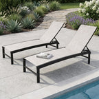 Set of Two Off White Steel Five Position Adjustable Outdoor Chaise Lounges