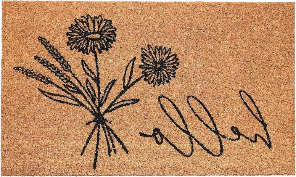 24" X 36" Natural and Black Coir Floral Hello Outdoor Door Mat