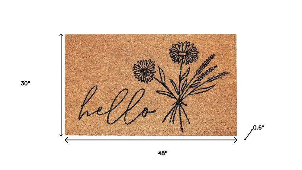 24" X 36" Natural and Black Coir Floral Hello Outdoor Door Mat