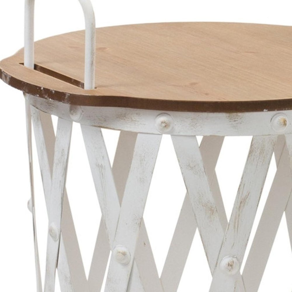 Set of Two White Iron And Wood Garden Stool