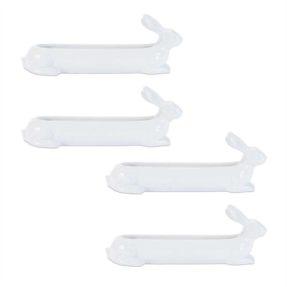 Set of Four White Ceramic Rabbit Garden Accents Accessories