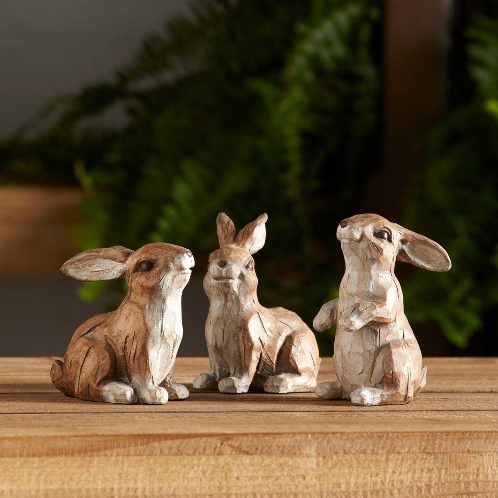 Set of Six Brown Cement Rabbit Outdoor Statue