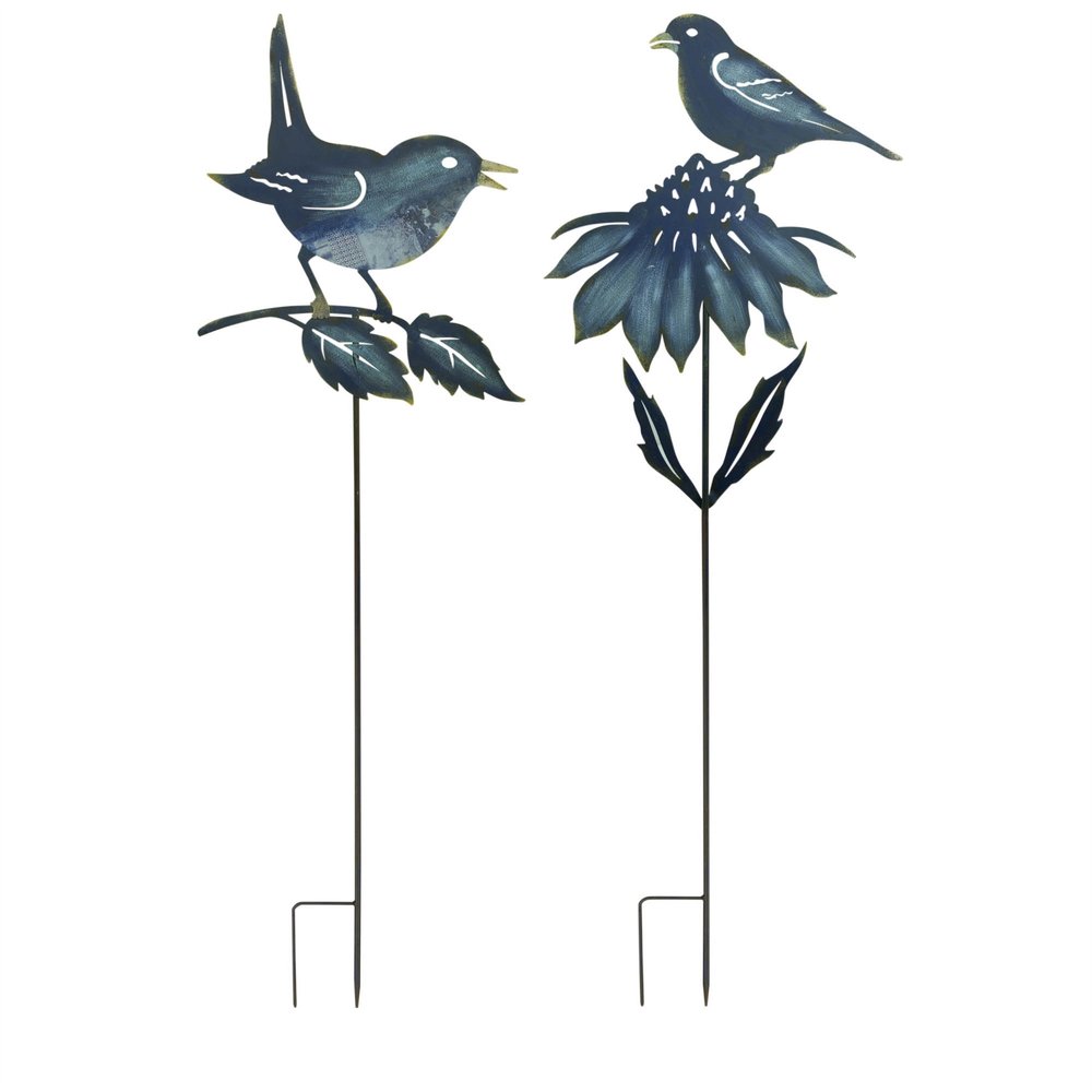 Set of Two Blue Iron Birds Garden Stake
