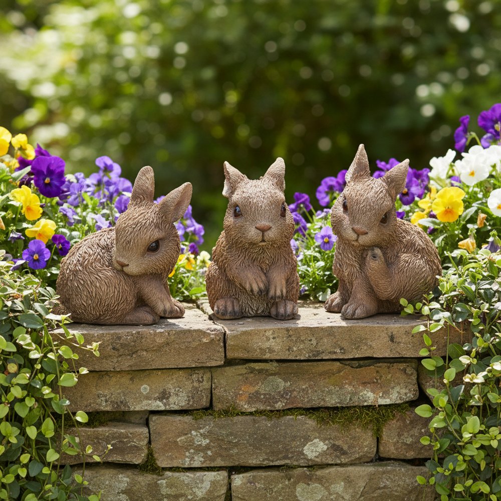 Set of Three Brown Resin Bunny Outdoor Statues
