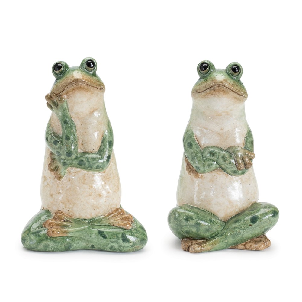 Set of Two Green Ceramic Frog Outdoor Statue