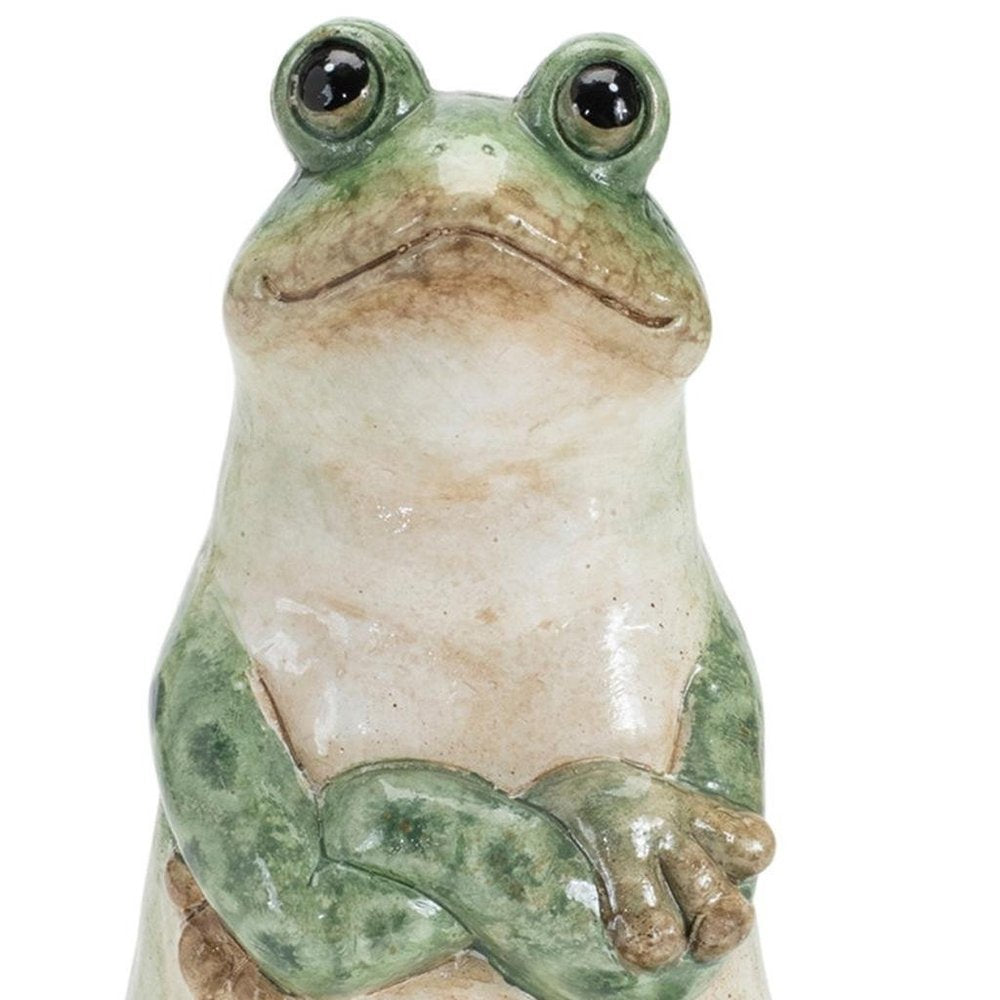 Set of Two Green Ceramic Frog Outdoor Statue