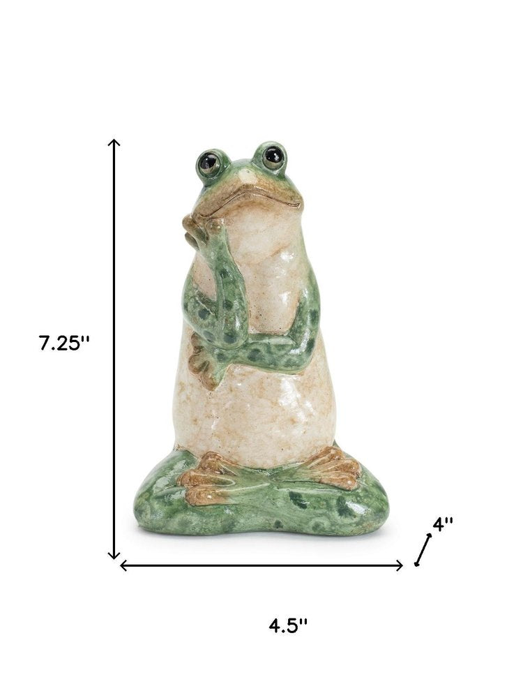 Set of Two Green Ceramic Frog Outdoor Statue