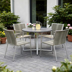Set of Four Light Brown And Silver Woven Steel Outdoor Arm Chairs