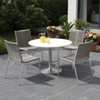 Set of Four Light Brown And Silver Woven Steel Outdoor Dining Chairs