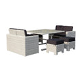 Seven Piece White and Dark Gray Wicker Upholstered Cushions Outdoor Patio Set With Table