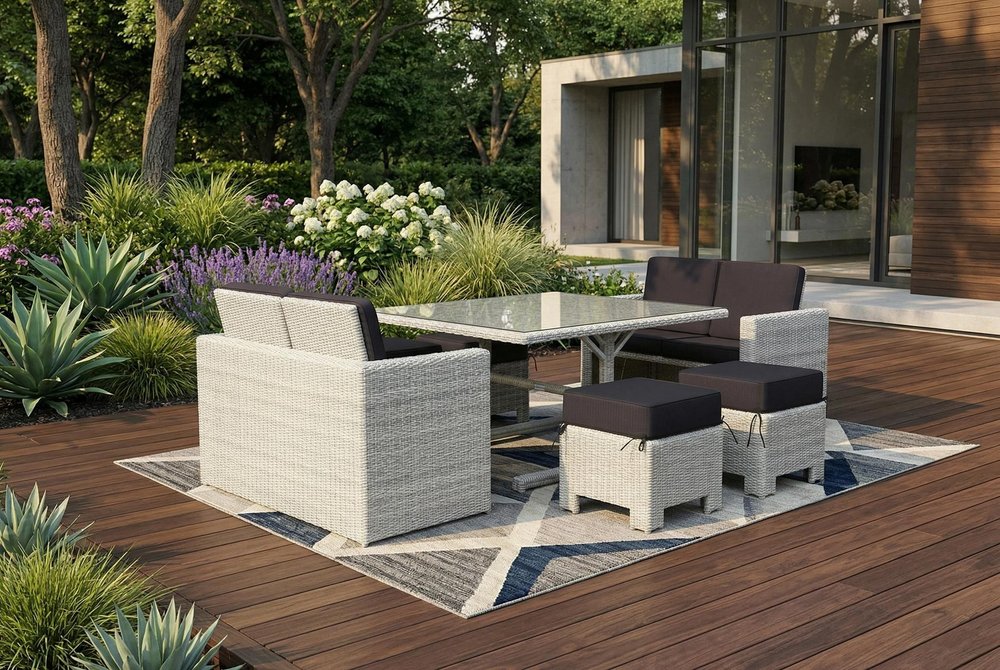 Seven Piece White and Dark Gray Wicker Upholstered Cushions Outdoor Patio Set With Table