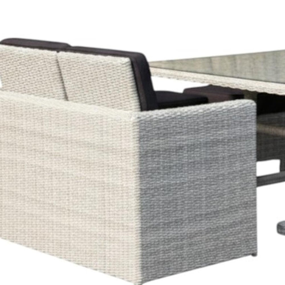 Seven Piece White and Dark Gray Wicker Upholstered Cushions Outdoor Patio Set With Table
