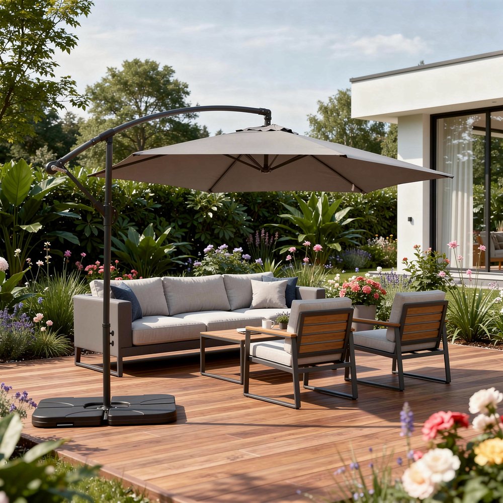 9.5' Gray Polyester Hexagonal Cantilever Patio Umbrella with Stand