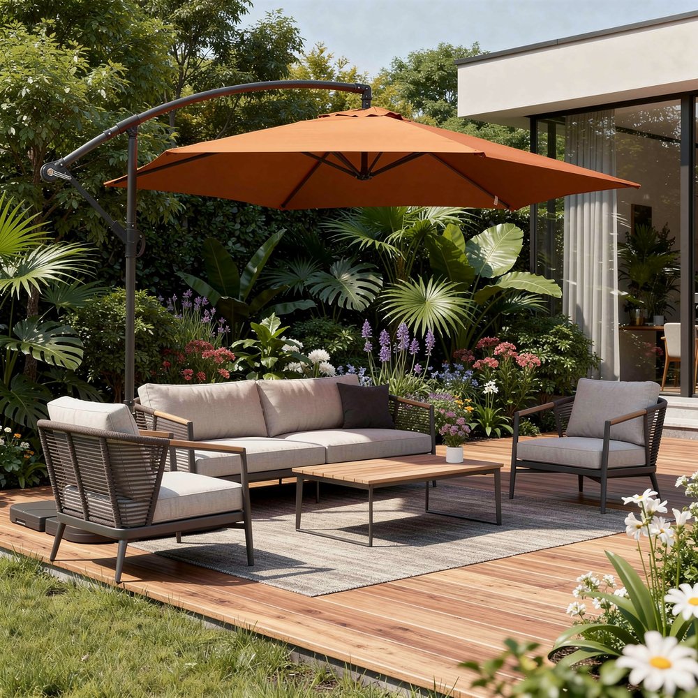 97" Orange Polyester Hexagonal Cantilever Patio Umbrella with Stand