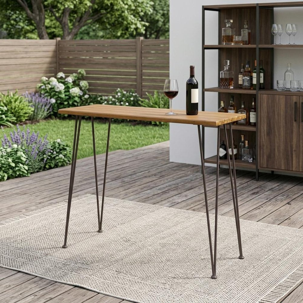 47" Walnut and Brown Wood and Iron Outdoor Bar Table