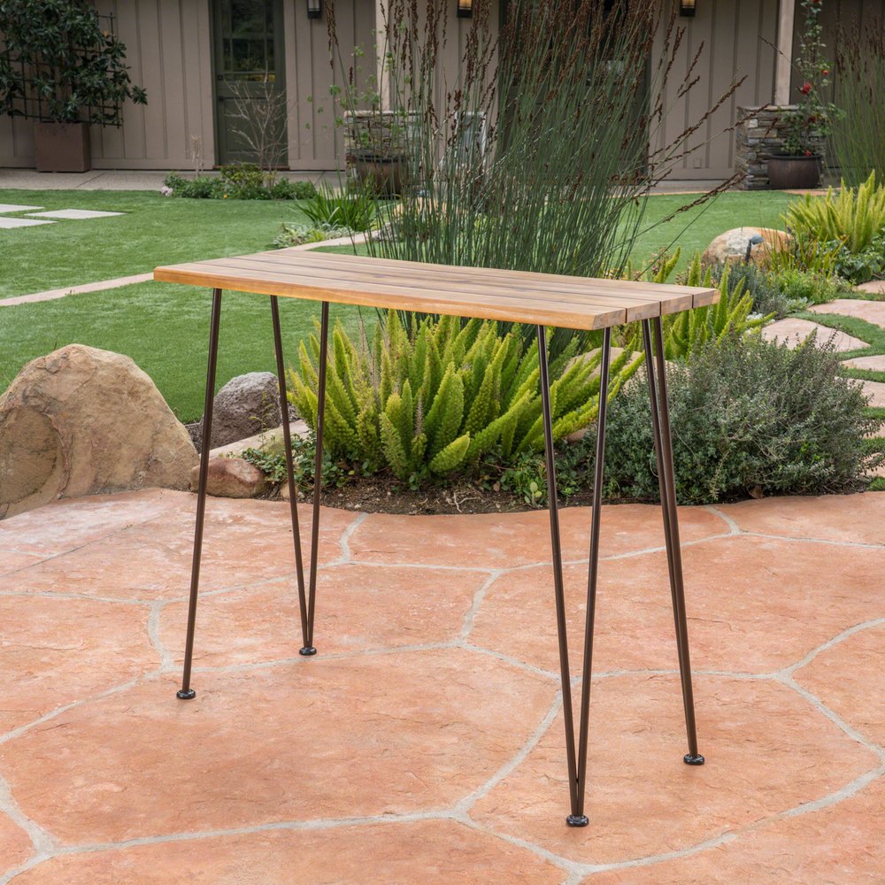 47" Walnut and Brown Wood and Iron Outdoor Bar Table