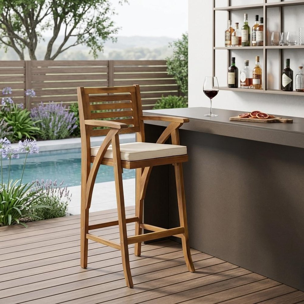 30" Natural Solid Wood Outdoor Bar Height Chair