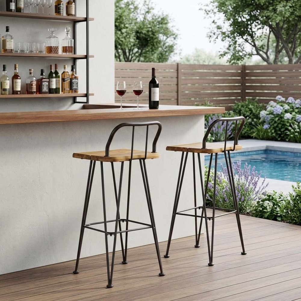 Set of Two 30" Brown and Natural Solid Wood Low Back Outdoor Bar Height Chairs