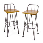Set of Two 30" Brown and Natural Solid Wood Low Back Outdoor Bar Height Chairs