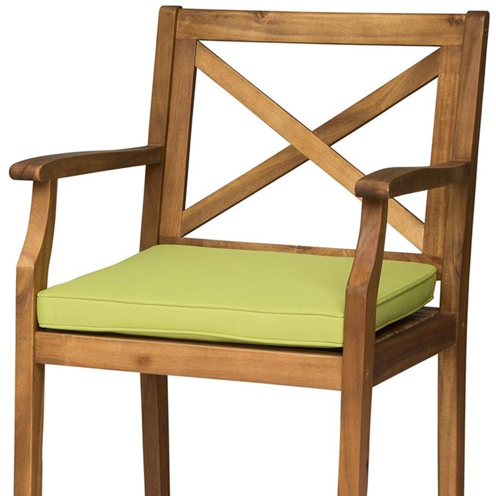 Set of Two 30" Natural and Green Solid Wood Outdoor Bar Height Chairs