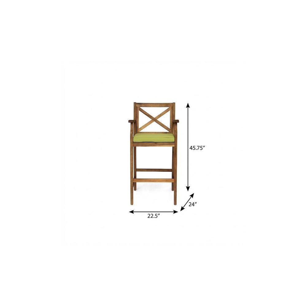 Set of Two 30" Natural and Green Solid Wood Outdoor Bar Height Chairs