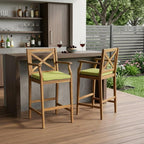 Set of Two 30" Natural and Green Solid Wood Outdoor Bar Height Chairs