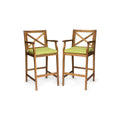 Set of Two 30" Natural and Green Solid Wood Outdoor Bar Height Chairs