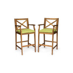 Set of Two 30" Natural and Green Solid Wood Outdoor Bar Height Chairs