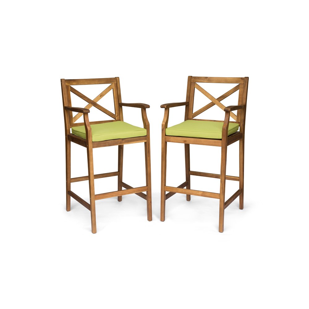 Set of Two 30" Natural and Green Solid Wood Outdoor Bar Height Chairs