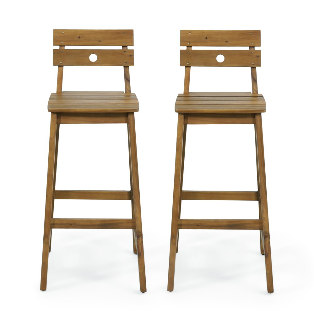 Set of Two 30" Brown Solid Wood Outdoor Bar Height Chairs