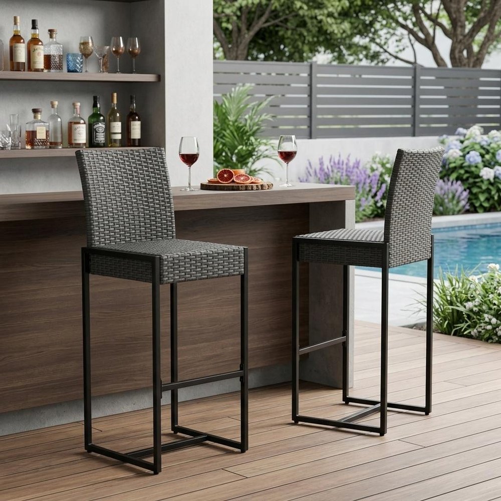 Set of Two 30" Gray Iron Outdoor Bar Height Chairs