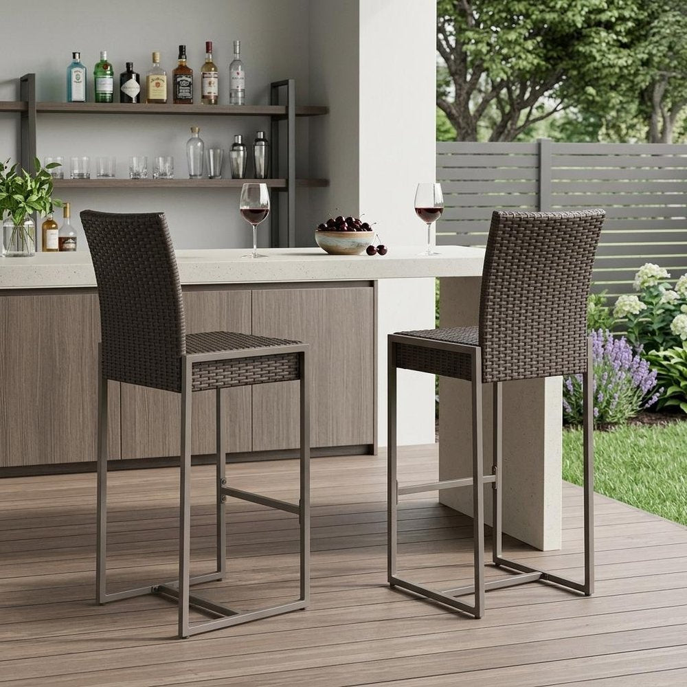 Set of Two 30" Gray and Dark Brown Iron Outdoor Bar Height Chairs