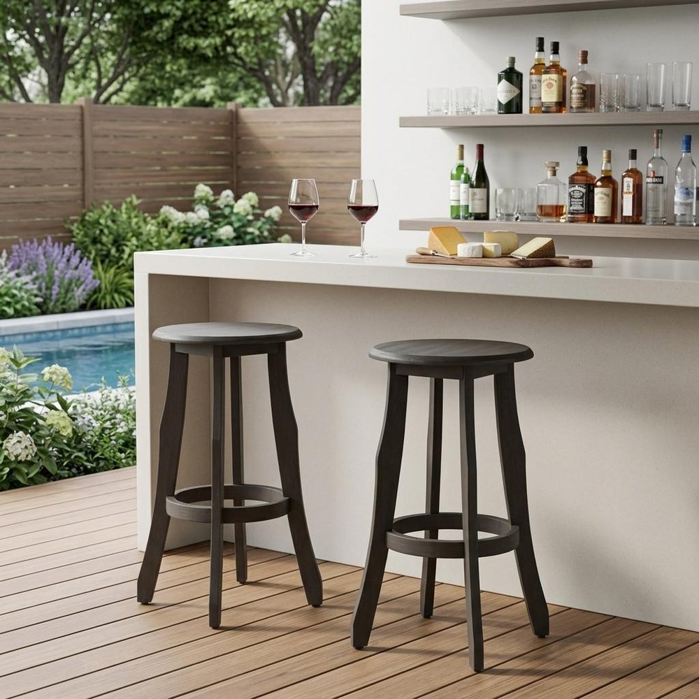 Set of Two 30" Dark Gray Solid Wood Backless Outdoor Bar Height Chairs